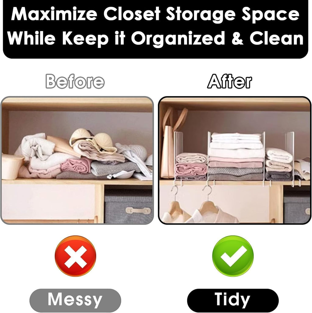GoHooked white metal wardrobe shelf dividers organizing folded clothes and linens. Set of 2.