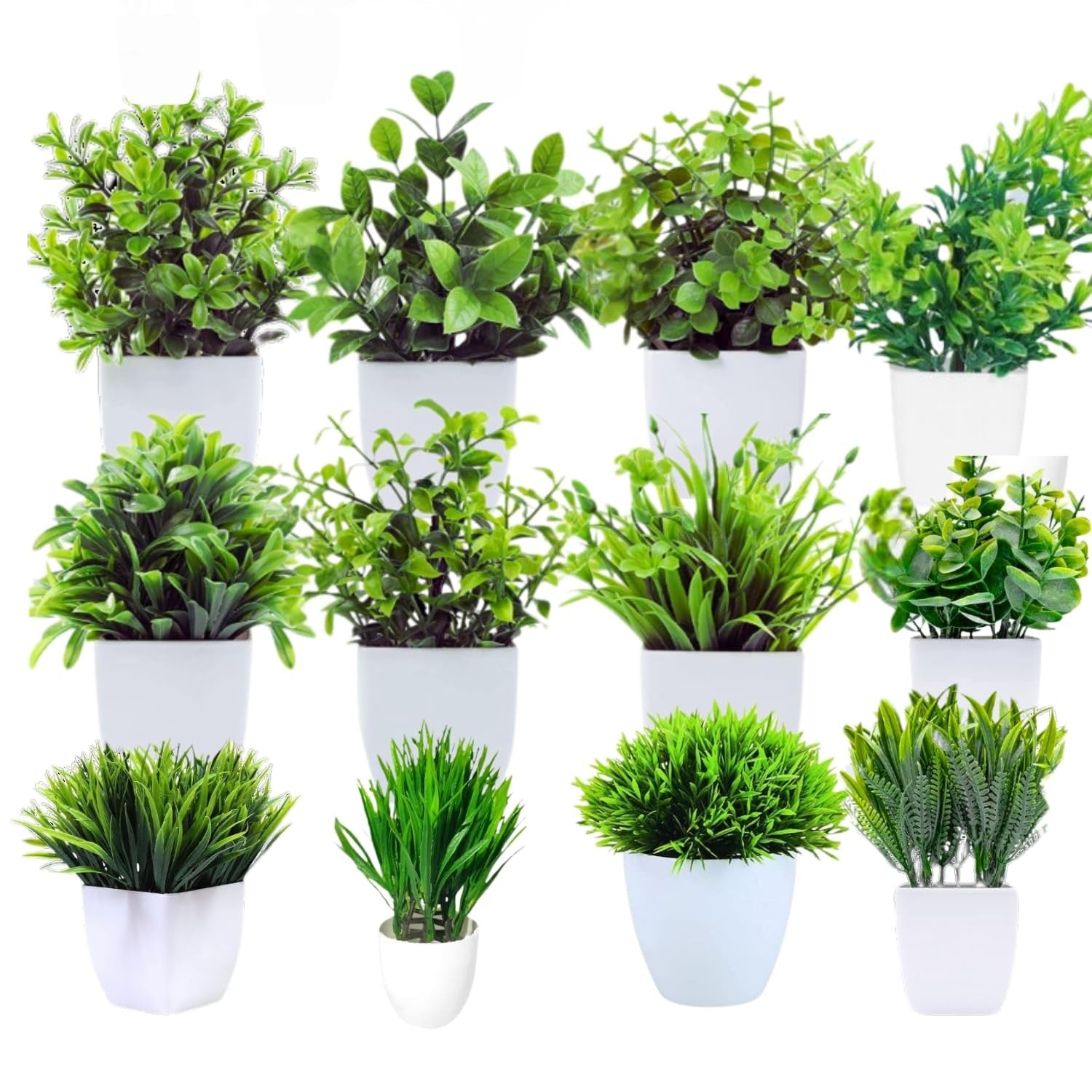 GoHooked 12 mini artificial plants in white pots, various green foliage styles for home decor.