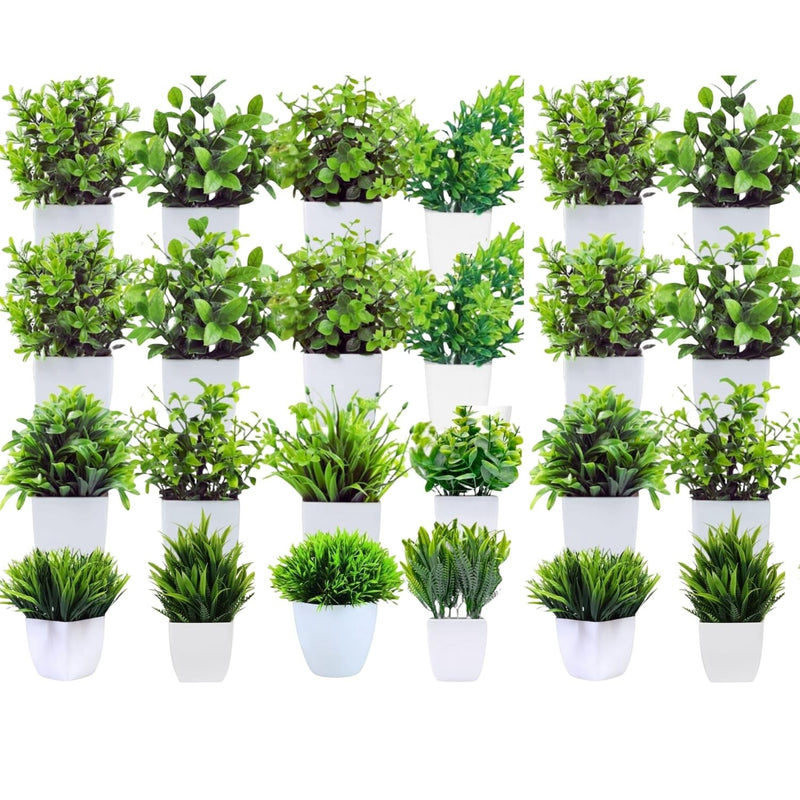 GoHooked 24 mini artificial plants in white pots, assorted green foliage for home decor.