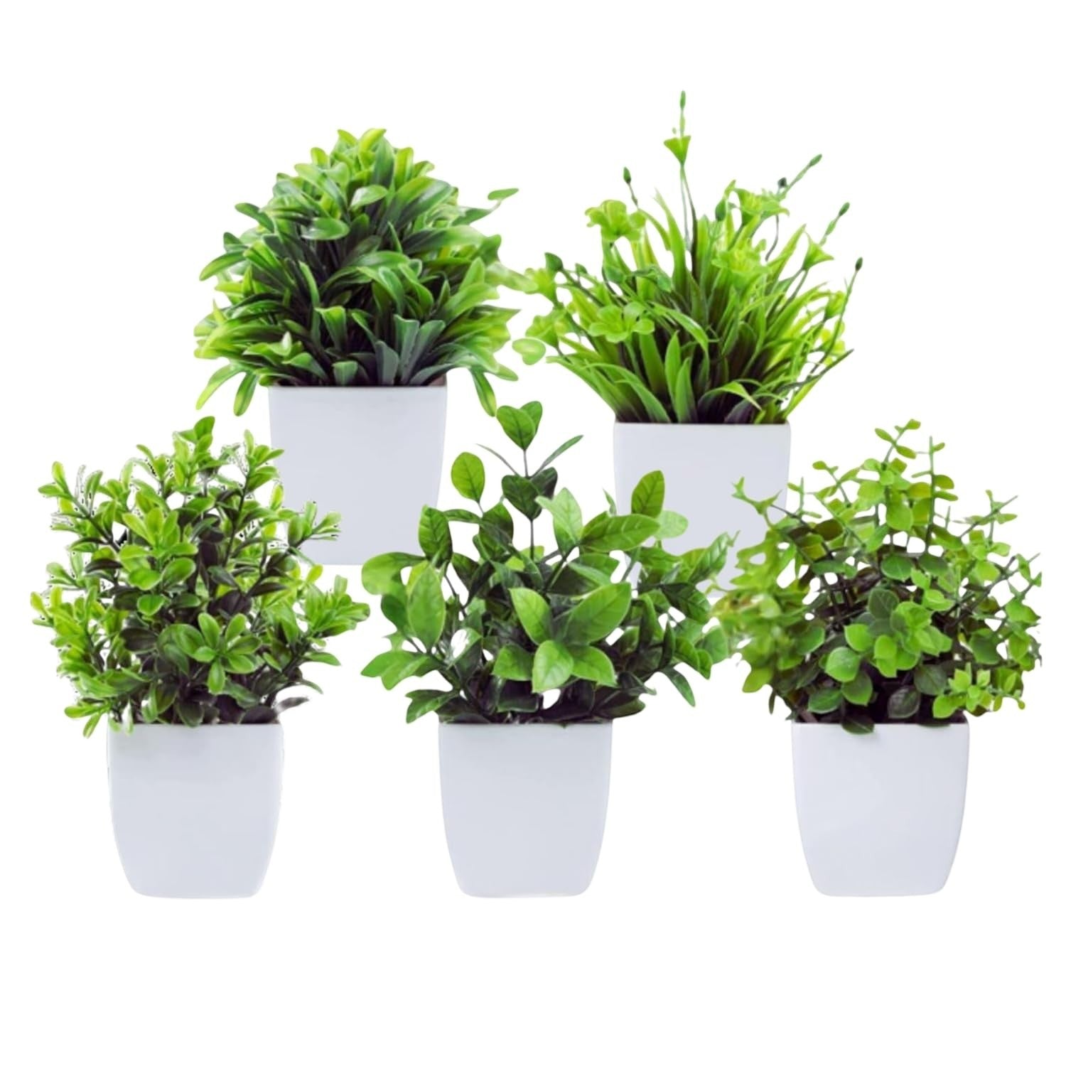 GoHooked set of 5 mini artificial plants in white square pots, green foliage, perfect for farmhouse decor.