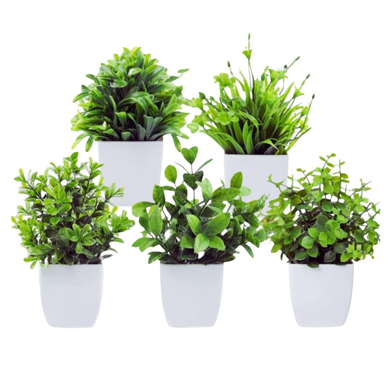 GoHooked set of 5 mini artificial plants in white square pots, green foliage, perfect for farmhouse decor.