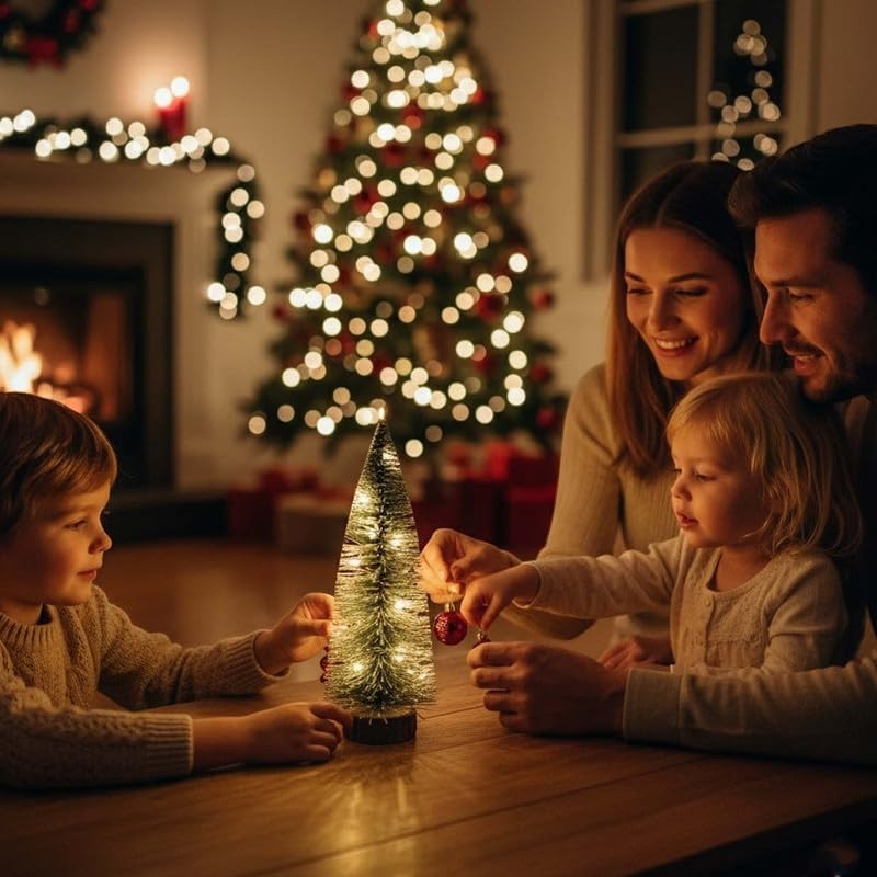 GoHooked green mini Christmas tree with LED lights and wooden-style base, family decorating.