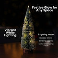 GoHooked green mini Christmas tree with vibrant white LED lights and a wooden-style base. Festive tabletop decoration.