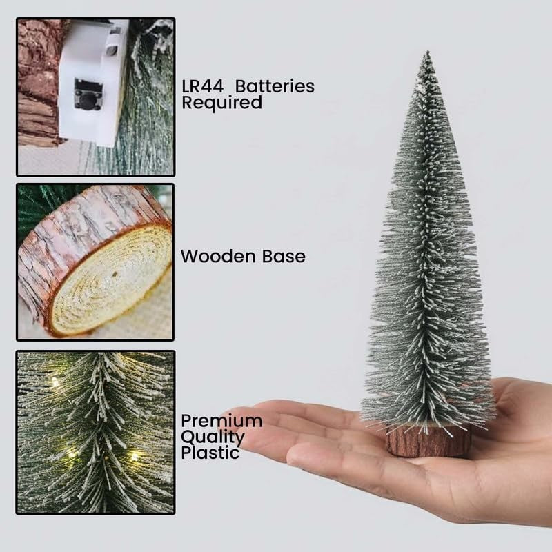GoHooked green mini Christmas tree with LED lights and a wooden-style base, 7 inches tall.