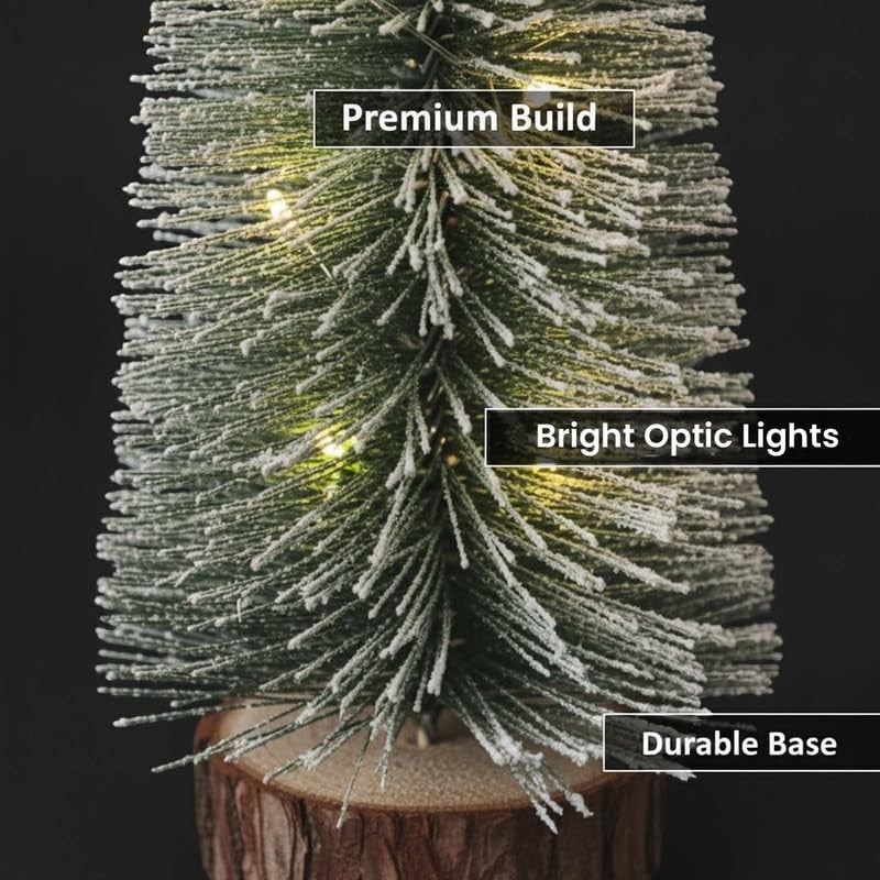 GoHooked green mini Christmas tree with frosted tips and warm LED lights on a wooden base.