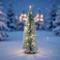 GoHooked green mini Christmas tree with LED lights and wooden base, set in snowy outdoor scene.