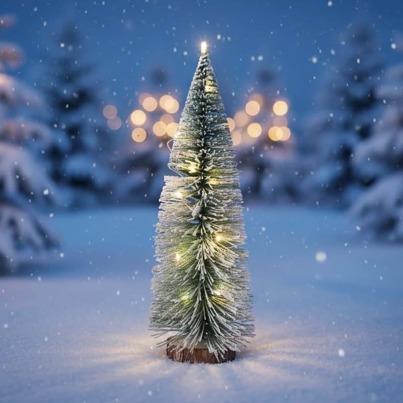 GoHooked green mini Christmas tree with LED lights and wooden base, set in snowy outdoor scene.