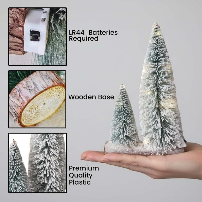 GoHooked snow-flocked mini Christmas trees with warm LED lights and wooden bases. Set of 2.