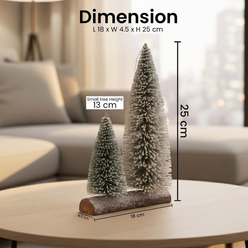 GoHooked snow-flocked mini Christmas trees with warm LED lights on a wooden base. Set of 2 tabletop pine trees.