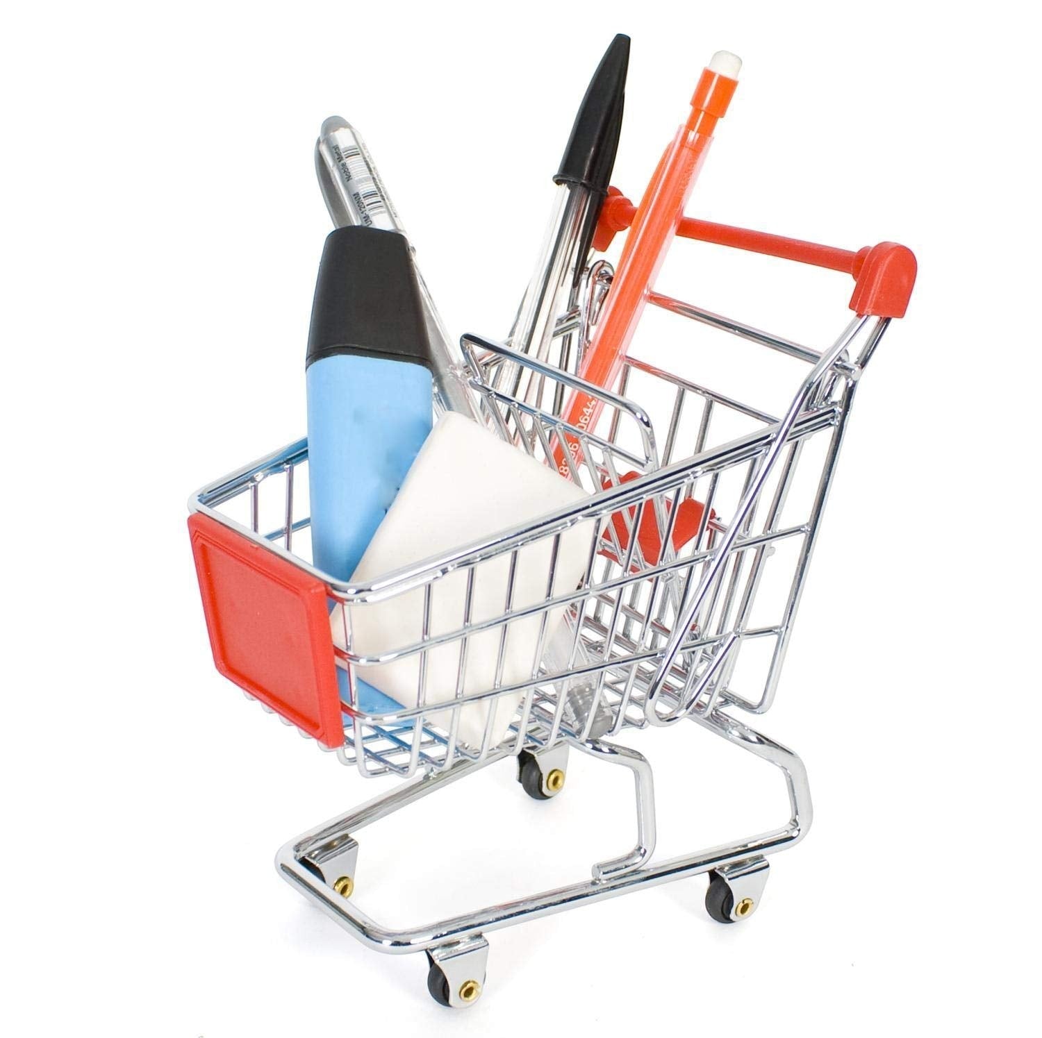 GoHooked mini shopping cart trolley with red accents, holding pens, a highlighter, and an eraser. Made of steel.