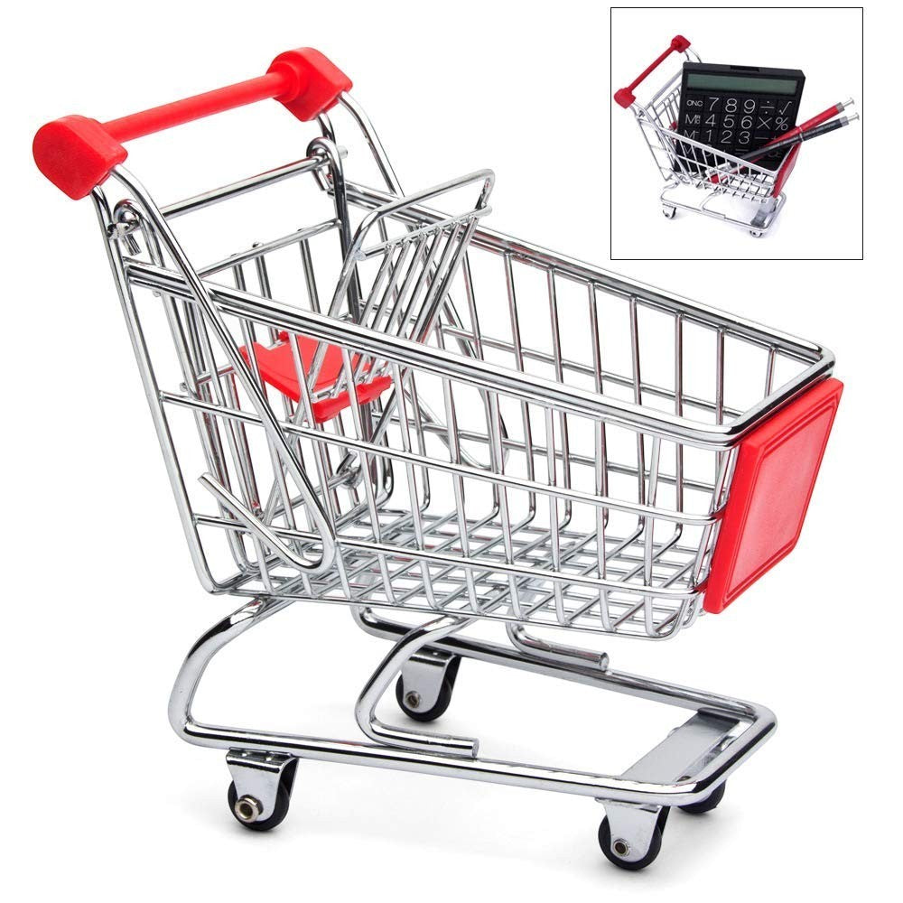 Go Hooked mini shopping cart trolley made of stainless steel with red accents, used as a desktop organizer for phones and pens.