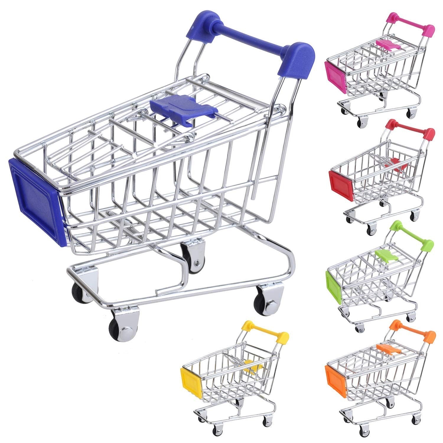 GoHooked mini shopping cart trolley made of stainless steel with blue, pink, red, green, yellow, and orange accents. Features working wheels and a child seat.