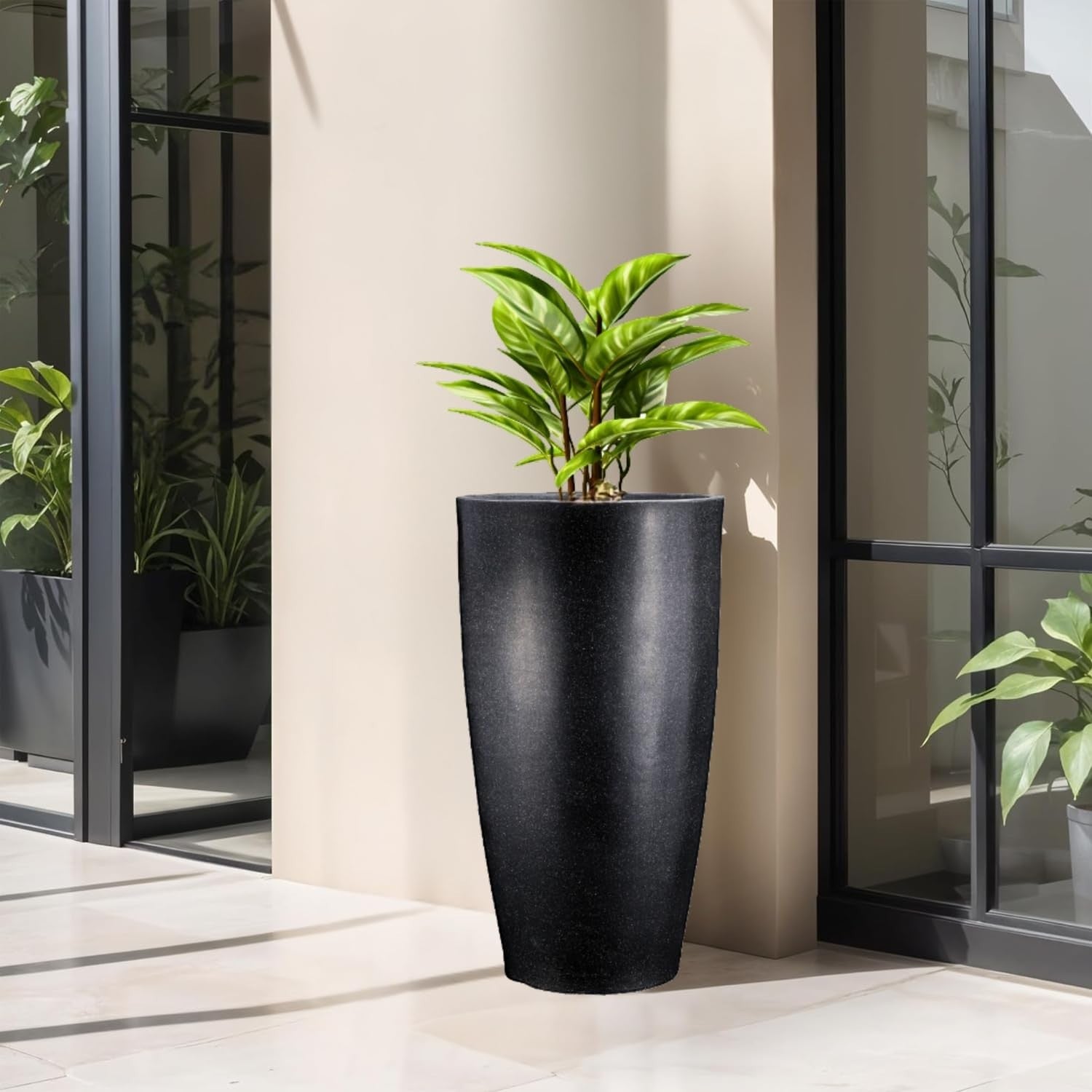 GoHooked 18-inch tall modern black polymer planter with a subtle texture, perfect for indoor or outdoor use.
