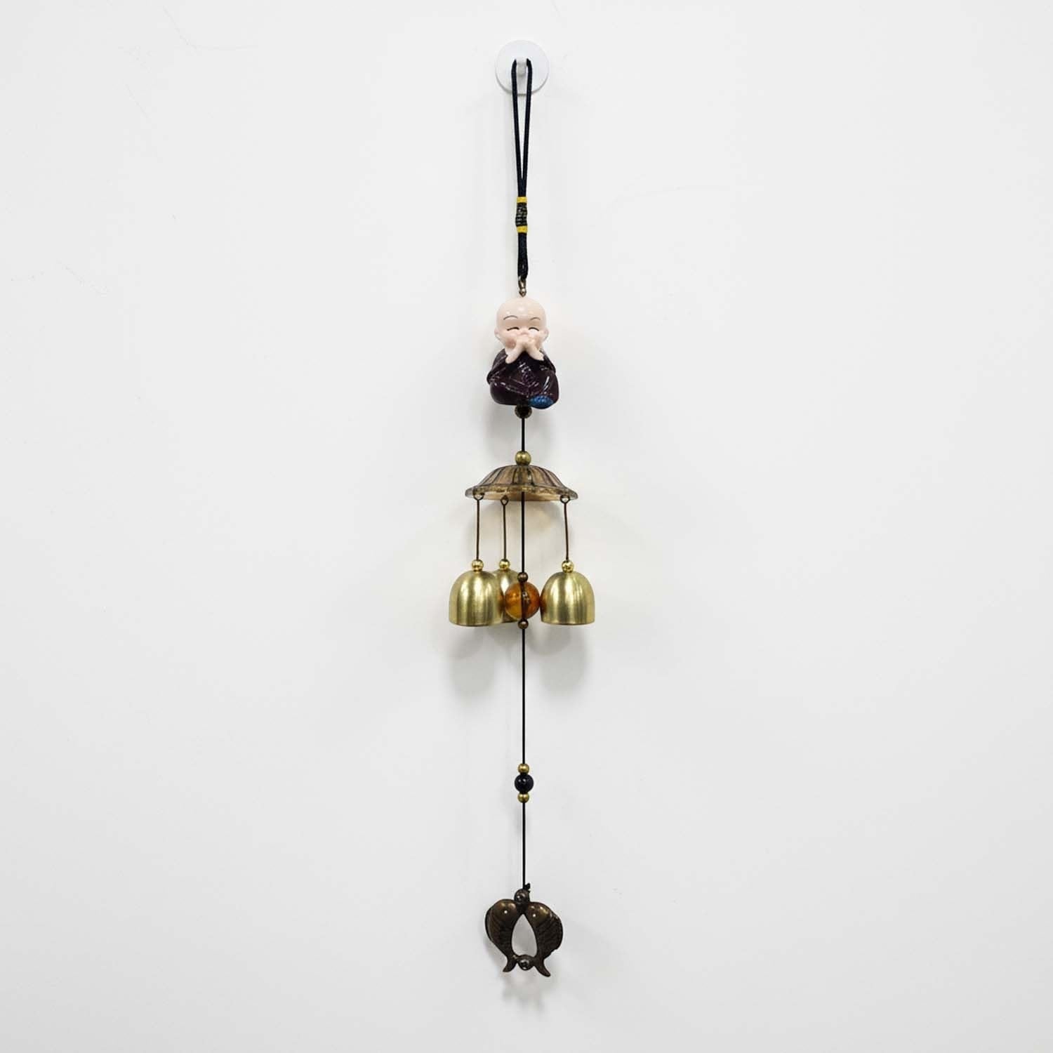 GoHooked brown metal Feng Shui monk figurine wind chime with 3 brass bells and fish charm for positive energy.
