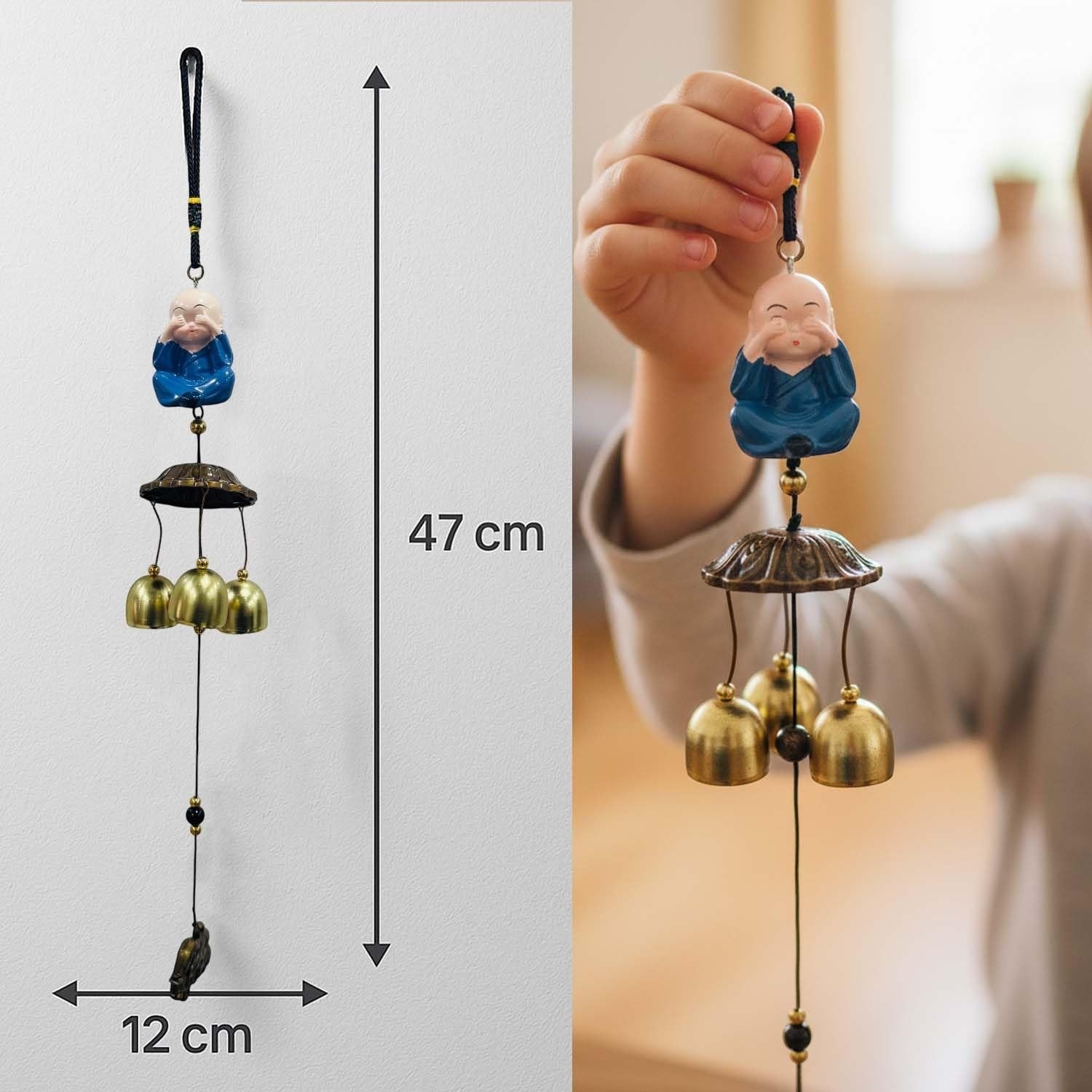 Go Hooked light blue monk figurine wind chime with 3 brass bells, 47cm long, for positive energy and home decor.
