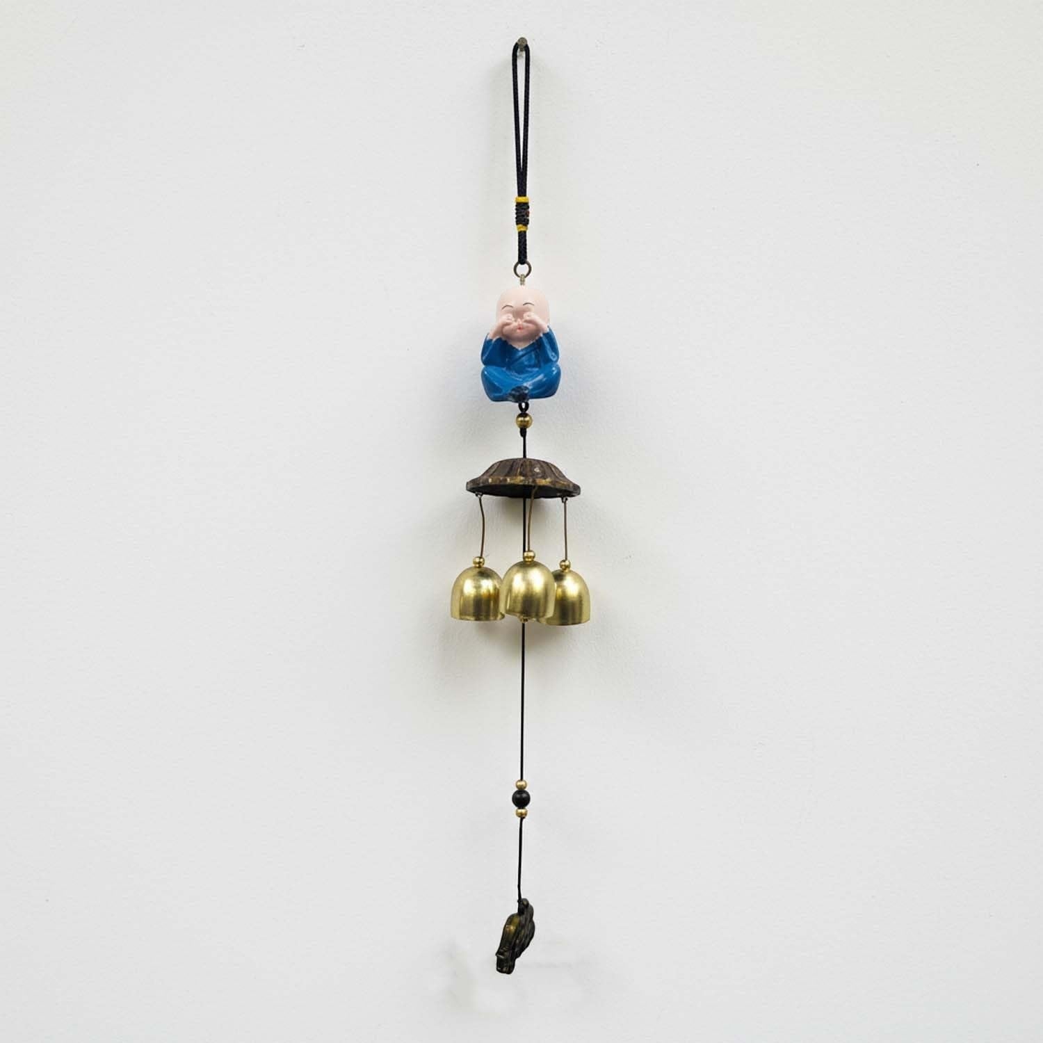 GoHooked light blue monk figurine wind chime with 3 brass bells, metal, for positive energy and home decor.