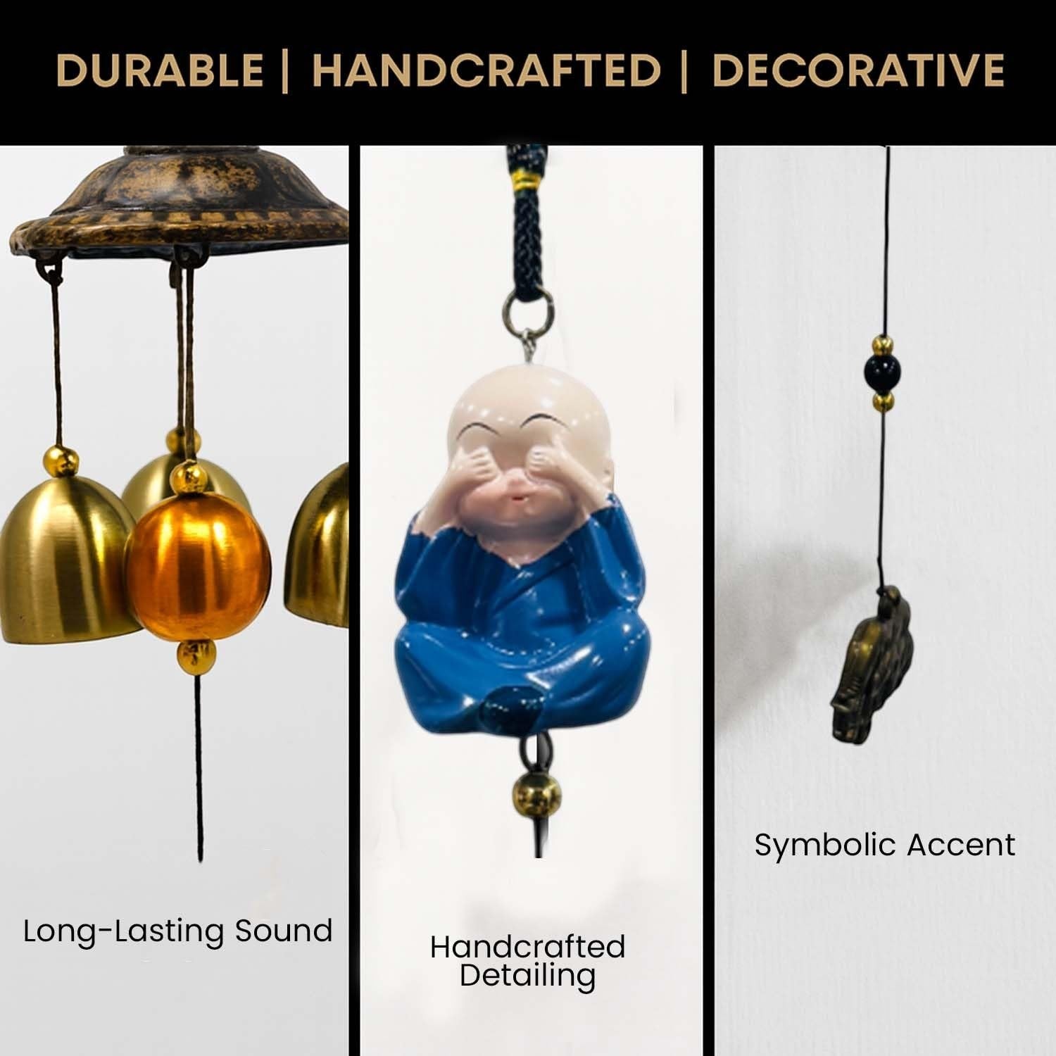 GoHooked light blue monk figurine wind chime with brass bells, metal, for positive energy and home decor.