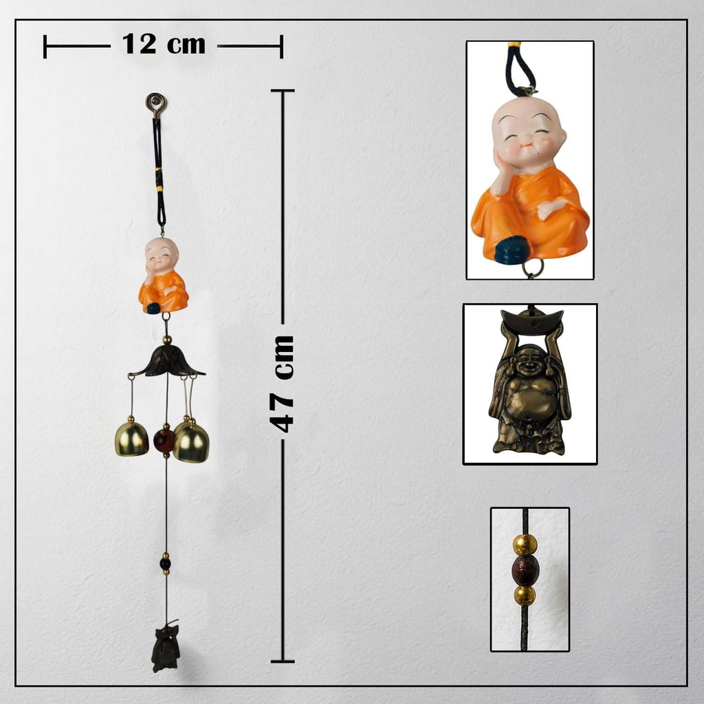 GoHooked orange monk figurine wind chime with brass bells, metal, 47cm, for positive energy and home decor.