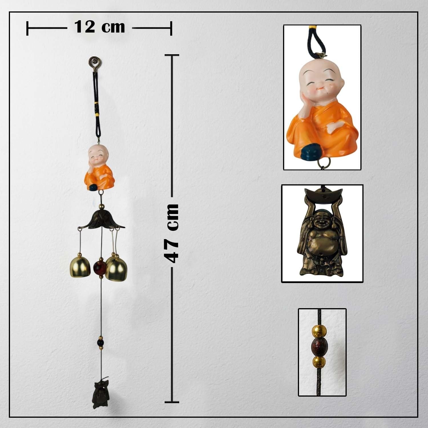 GoHooked orange monk figurine wind chime with brass bells, metal, 47cm, for positive energy and home decor.