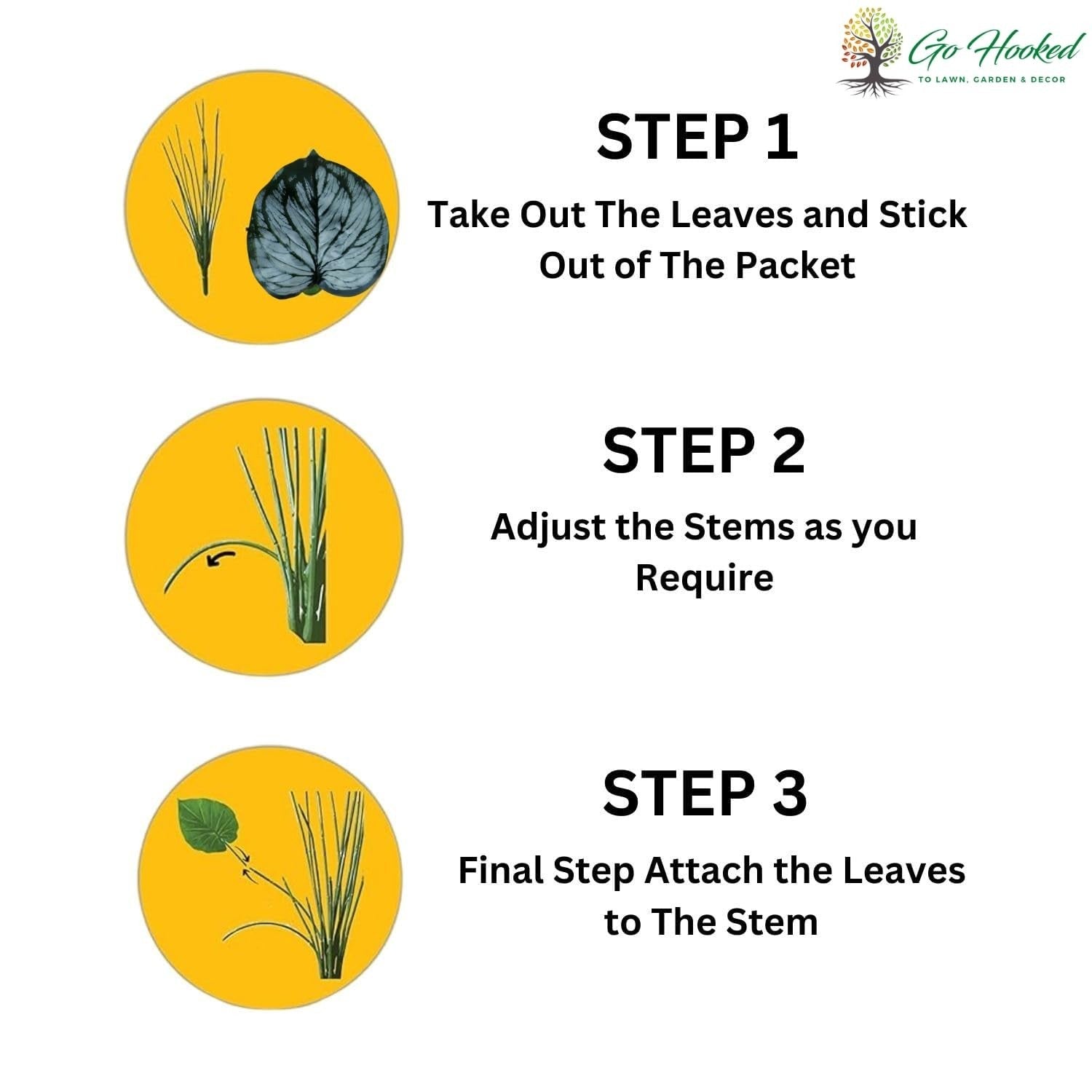 GoHooked Monstera Dubia plant assembly instructions: Step 1, leaves and stem. Step 2, adjust stems. Step 3, attach leaves.