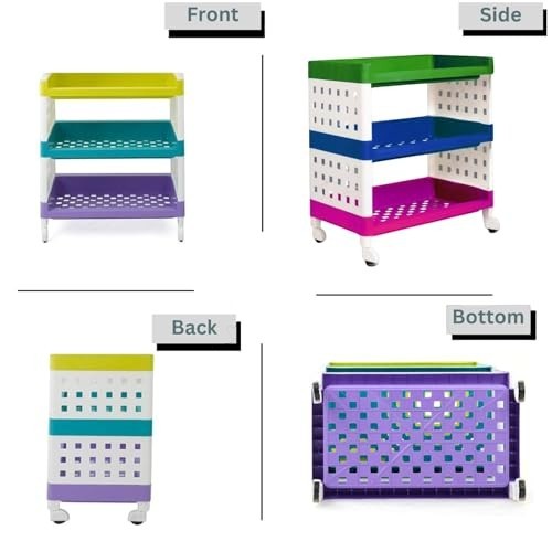 GoHooked multicolor 3-tier multipurpose storage rack with wheels. Features perforated shelves and a compact design.