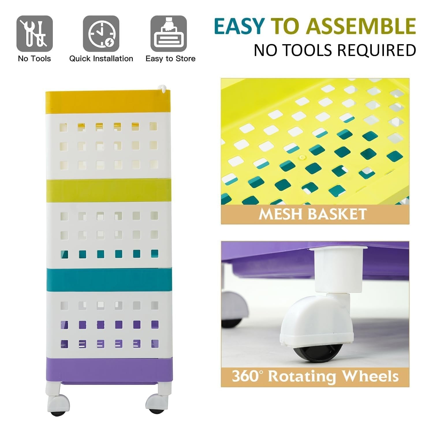GoHooked multicolor 4-tier mesh storage rack with 360 rotating wheels, easy to assemble, no tools required.