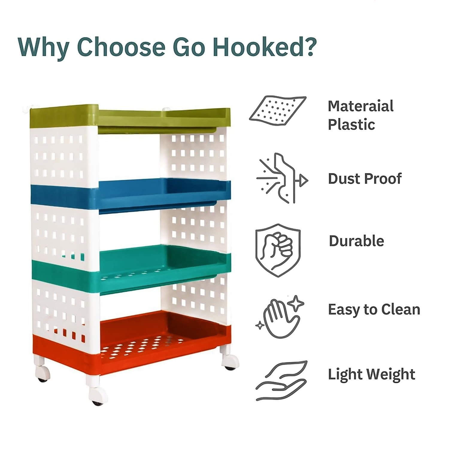 GoHooked multicolor 4-tier plastic storage rack with wheels, ideal for kitchen or small spaces.
