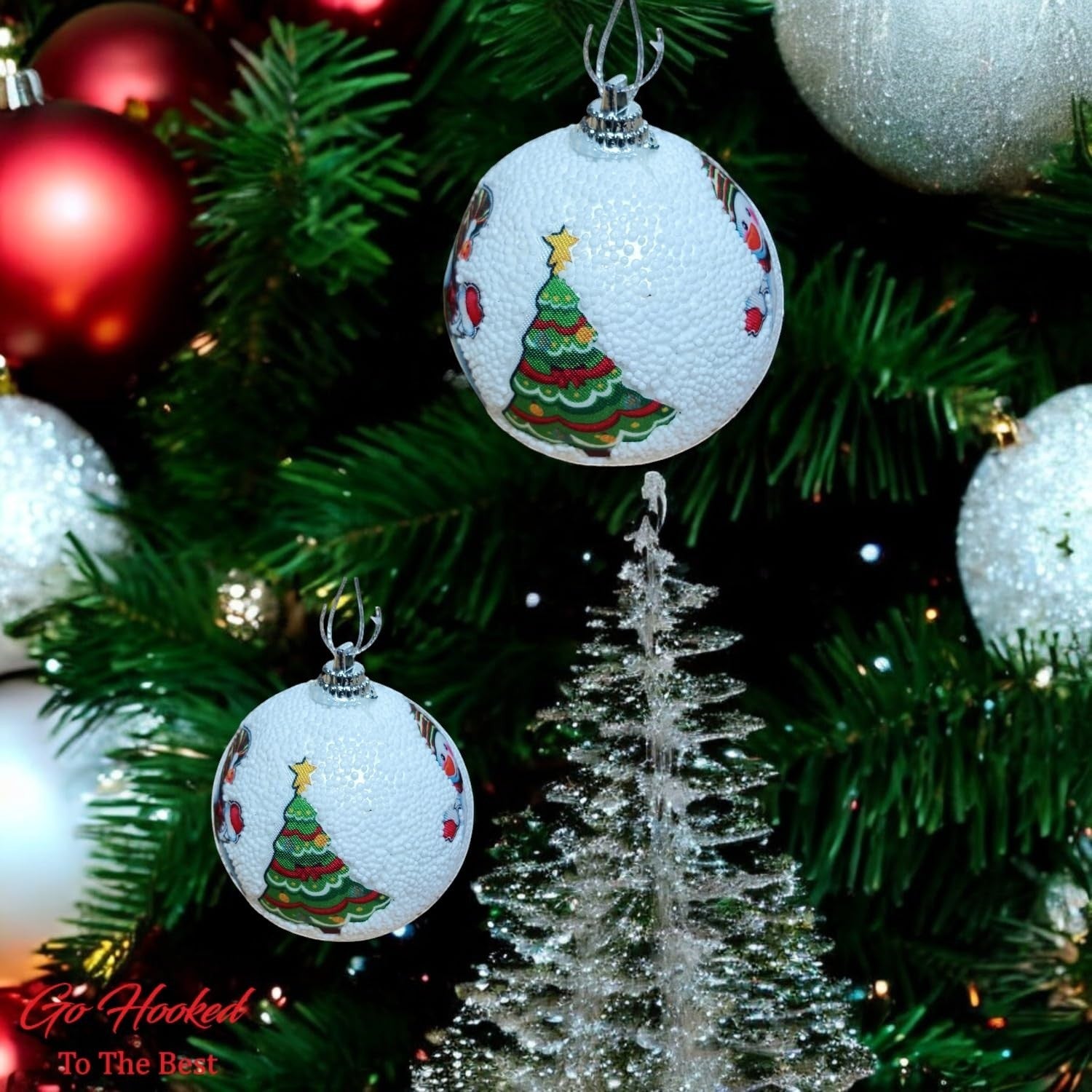 Go Hooked multicolor Christmas tree ornaments with glitter accents and festive designs. Pack of 6.