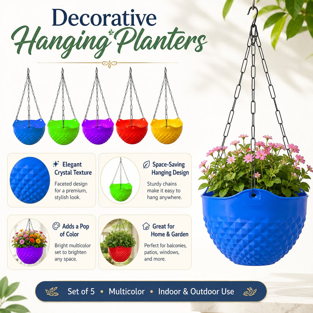 GoHooked set of 5 colorful crystal-textured hanging planters with metal chains for indoor and outdoor garden decor.