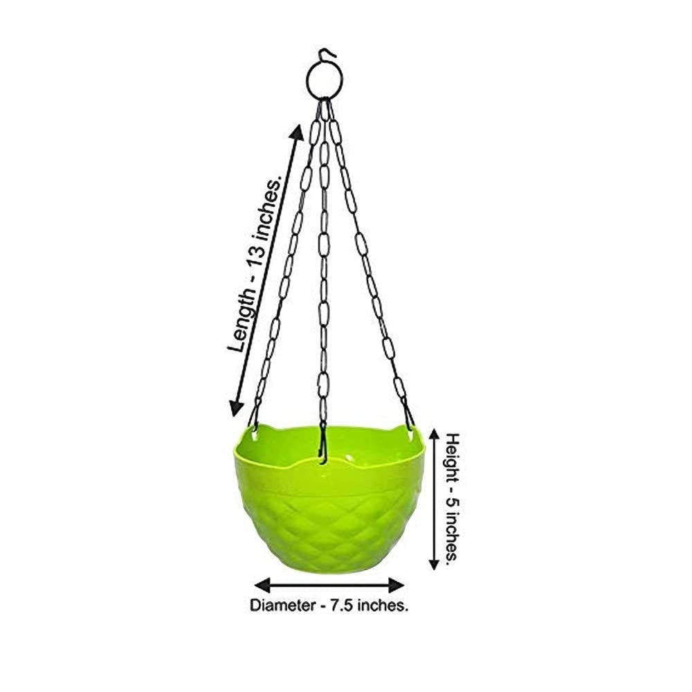 GoHooked multicolor diamond pattern plastic hanging planter pot with metal chain, 7.5 inch diameter, 5 inch height.