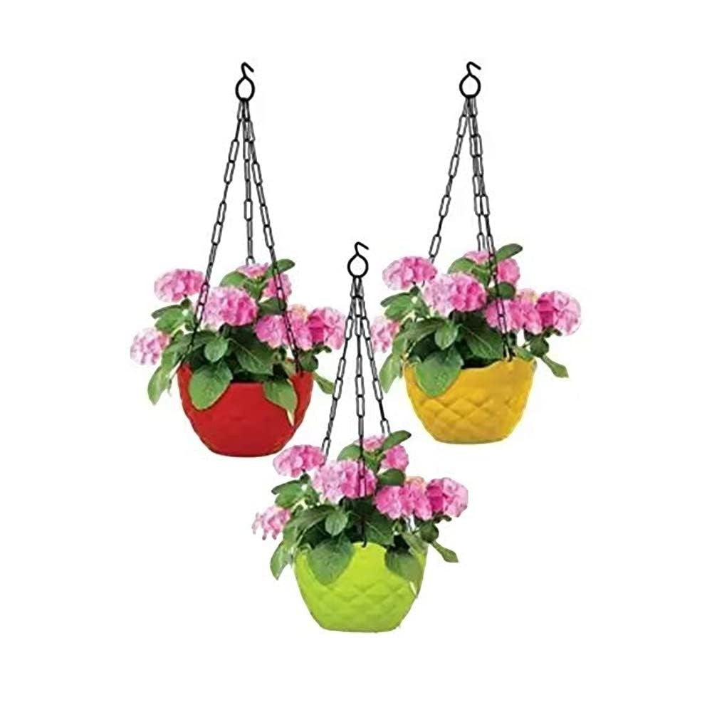 GoHooked set of 3 multicolor diamond plastic hanging planters with pink flowers and metal chains.