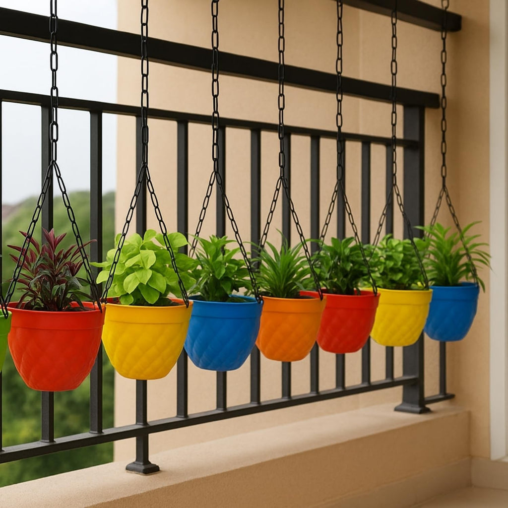 GoHooked multicolor diamond pattern plastic hanging planters with metal chains, set of 3