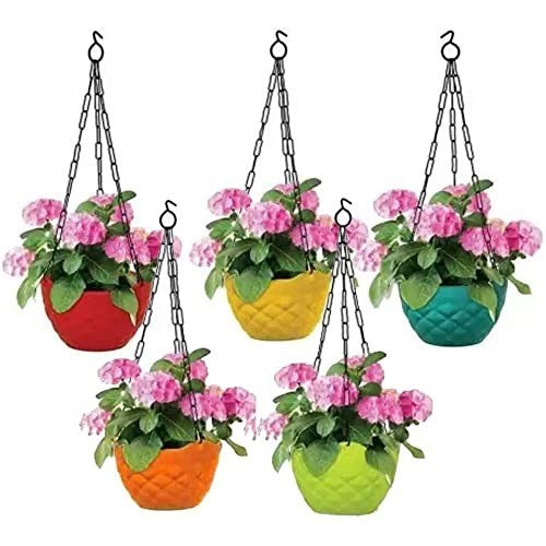 GoHooked Multicolor Diamond Plastic Hanging Pots with Metal Chain, Set of 5. Ideal for home garden and balcony.