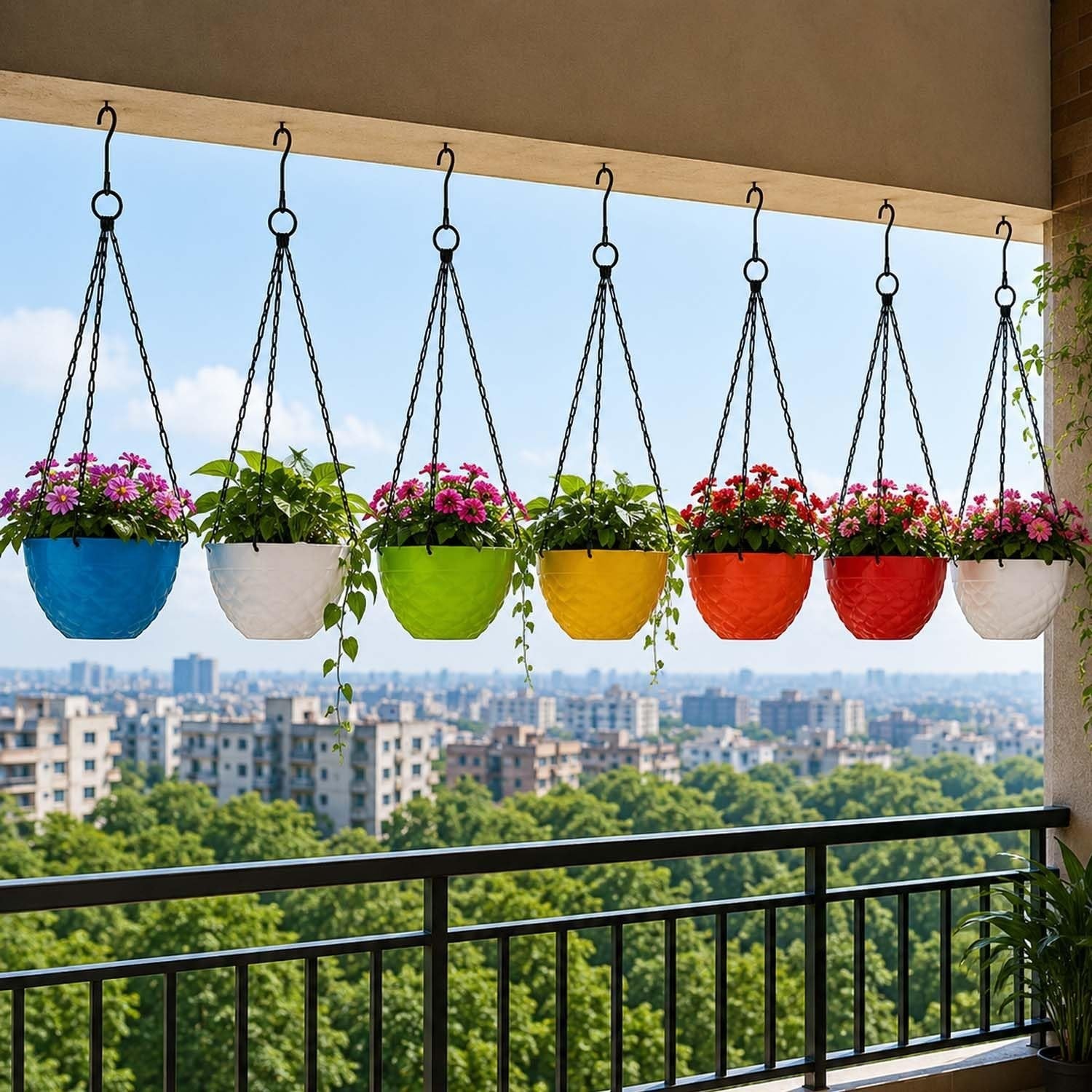 GoHooked pack of 7 multicolor round diamond plastic hanging planters with metal chains on a balcony garden railing.