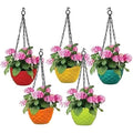 GoHooked Multicolor Diamond Hanging Pots (7.5 Inch) with pink flowers. Set of 5 plastic planters for garden and balcony.