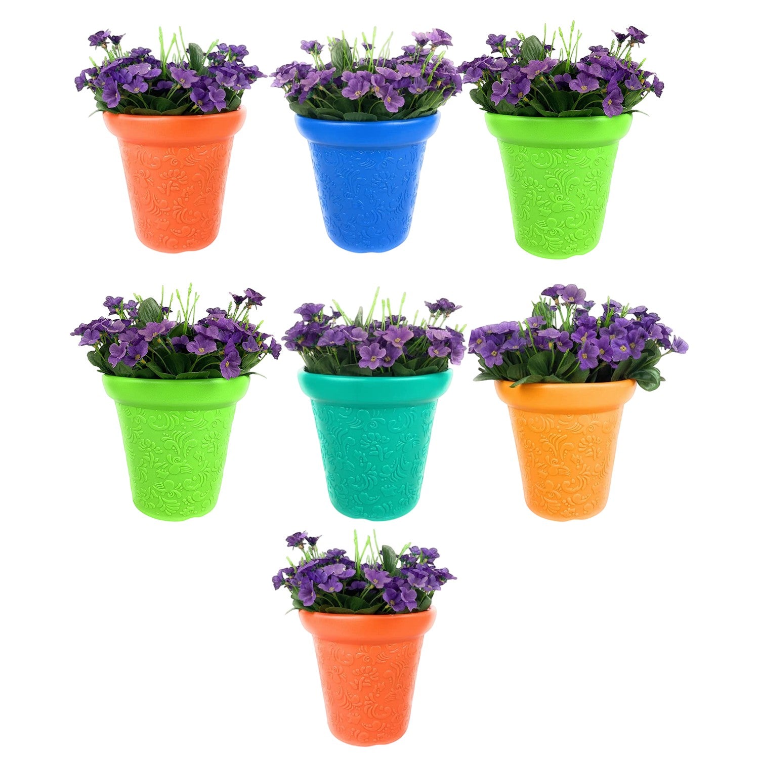 GoHooked set of 7 colorful plastic planter pots with embossed floral patterns and purple artificial flowers