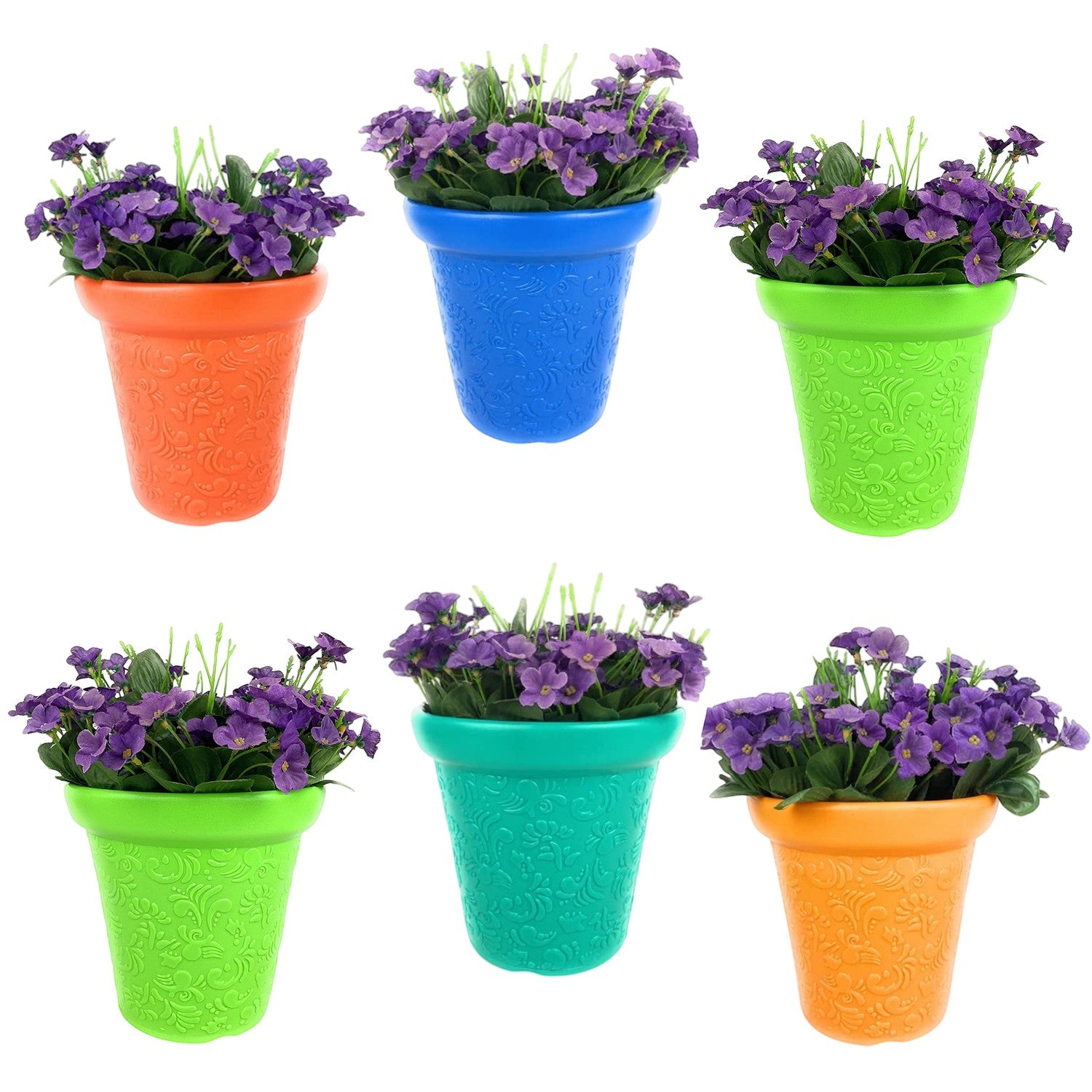 GoHooked set of 6 colorful plastic planter pots with embossed floral patterns and purple artificial flowers