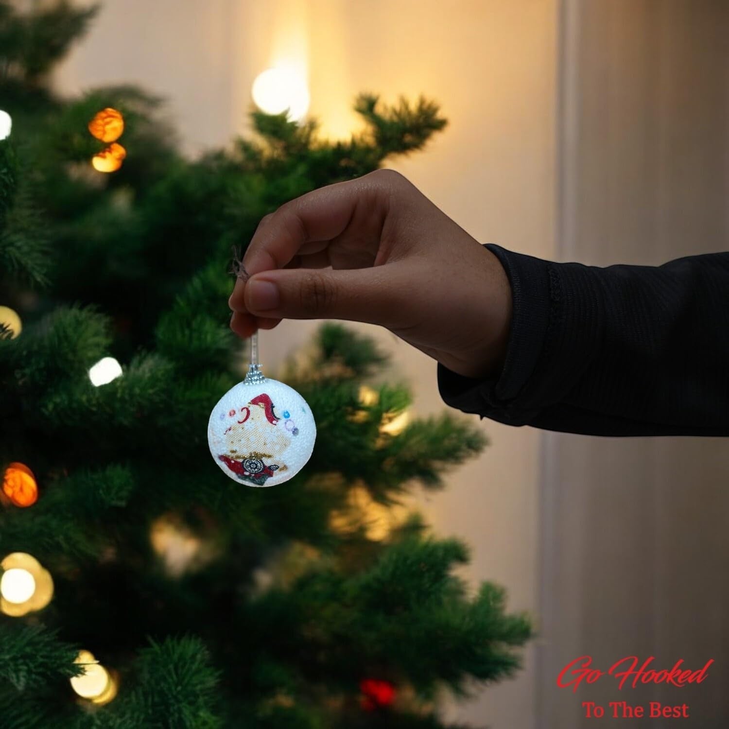 Go Hooked multicolor glitter Christmas ornament ball with Santa design, 3 inches, reusable and festive.