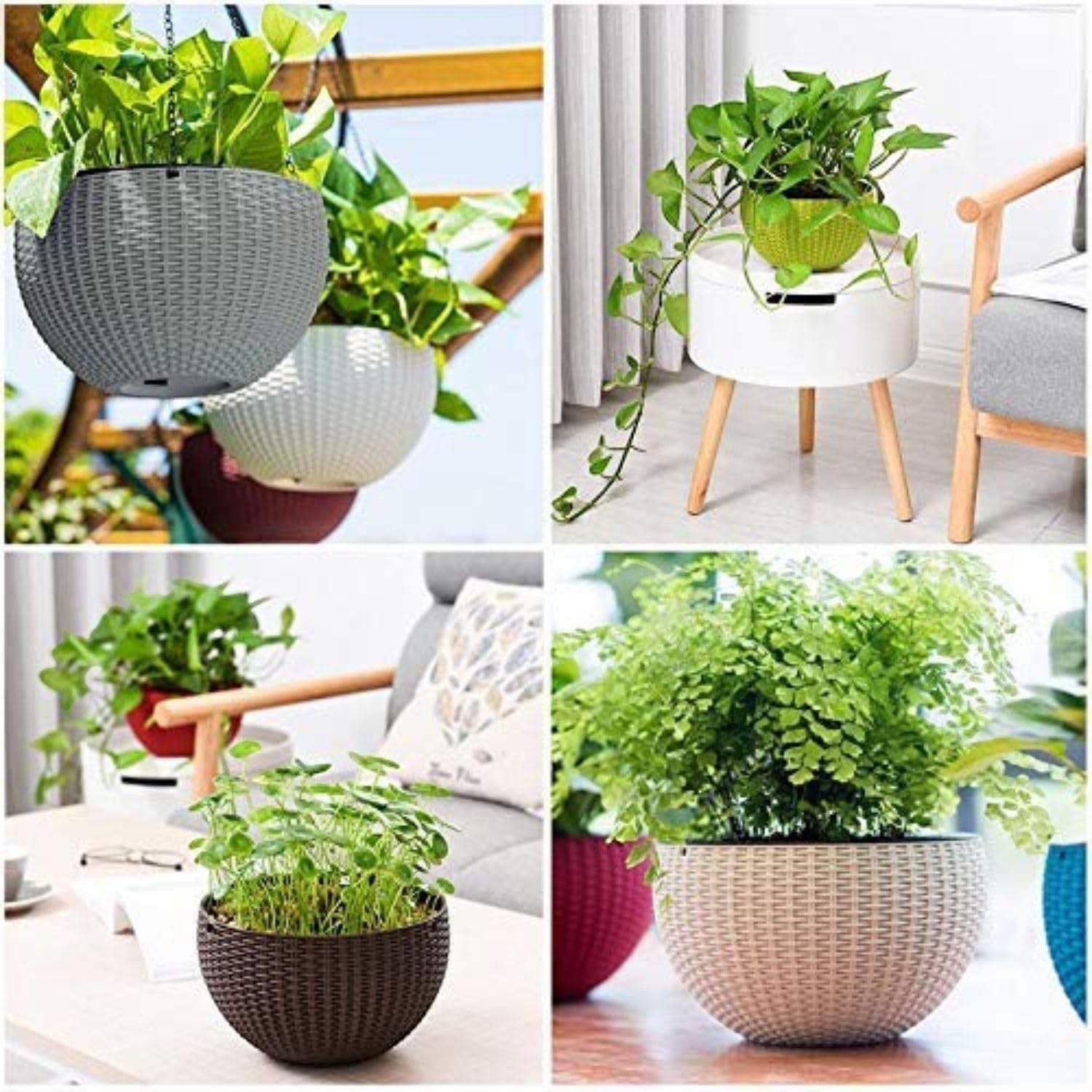 GoHooked multicolor plastic hanging planters with woven texture. Set of 6, 7.1 inch diameter.