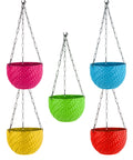 GoHooked Multicolor round woven plastic hanging planters with chains. Set of 5 pots in pink, blue, green, yellow, and red.