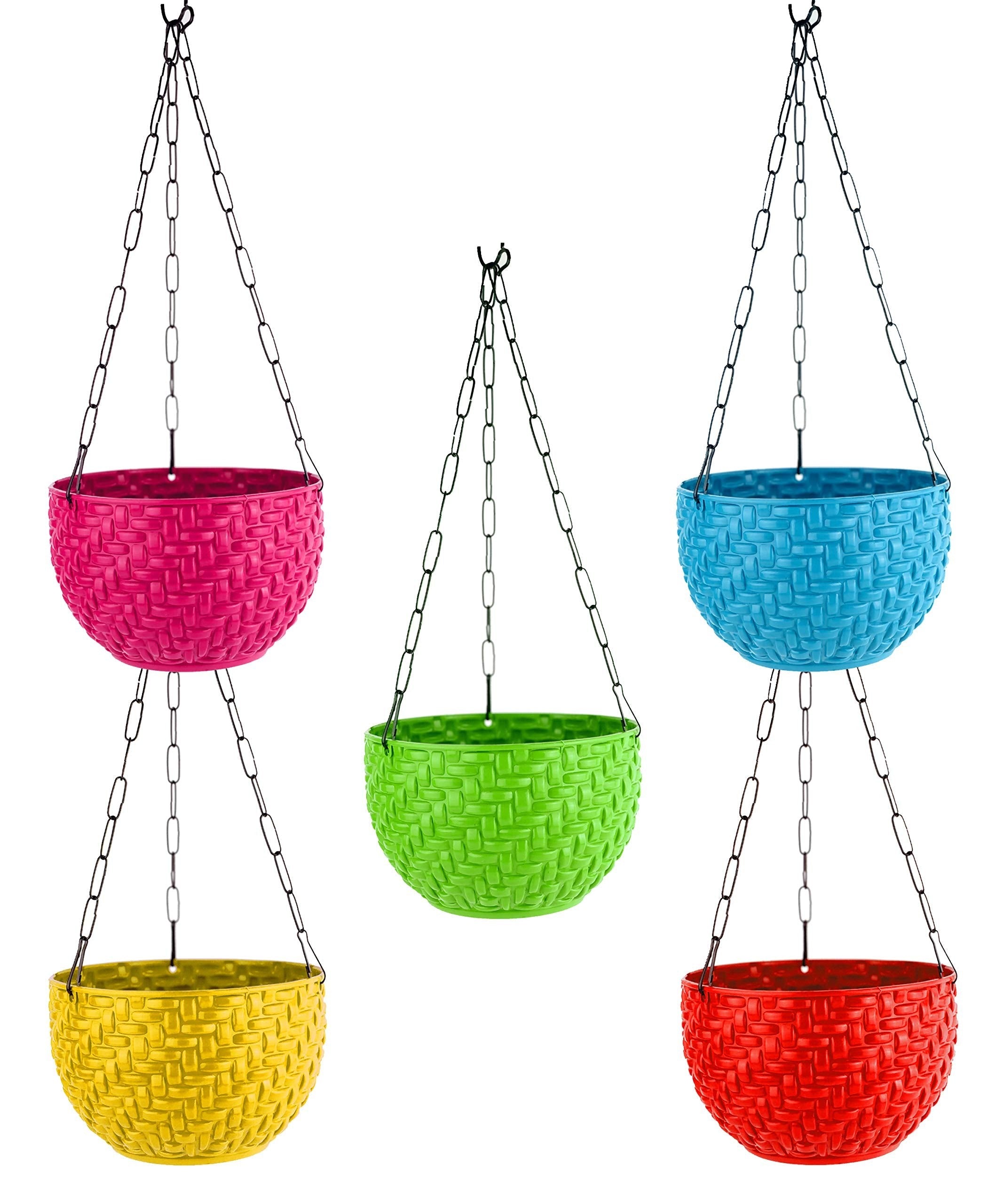 GoHooked Multicolor round woven plastic hanging planters with chains. Set of 5 pots in pink, blue, green, yellow, and red.