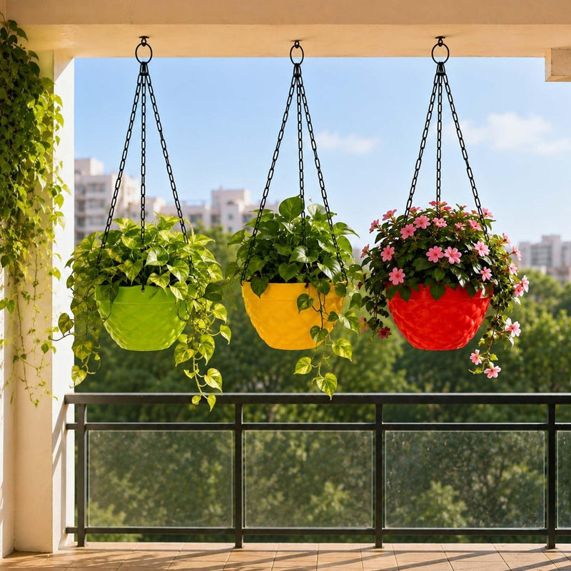 GoHooked set of three round multicolor plastic hanging planters with diamond patterns and black metal chains on balcony