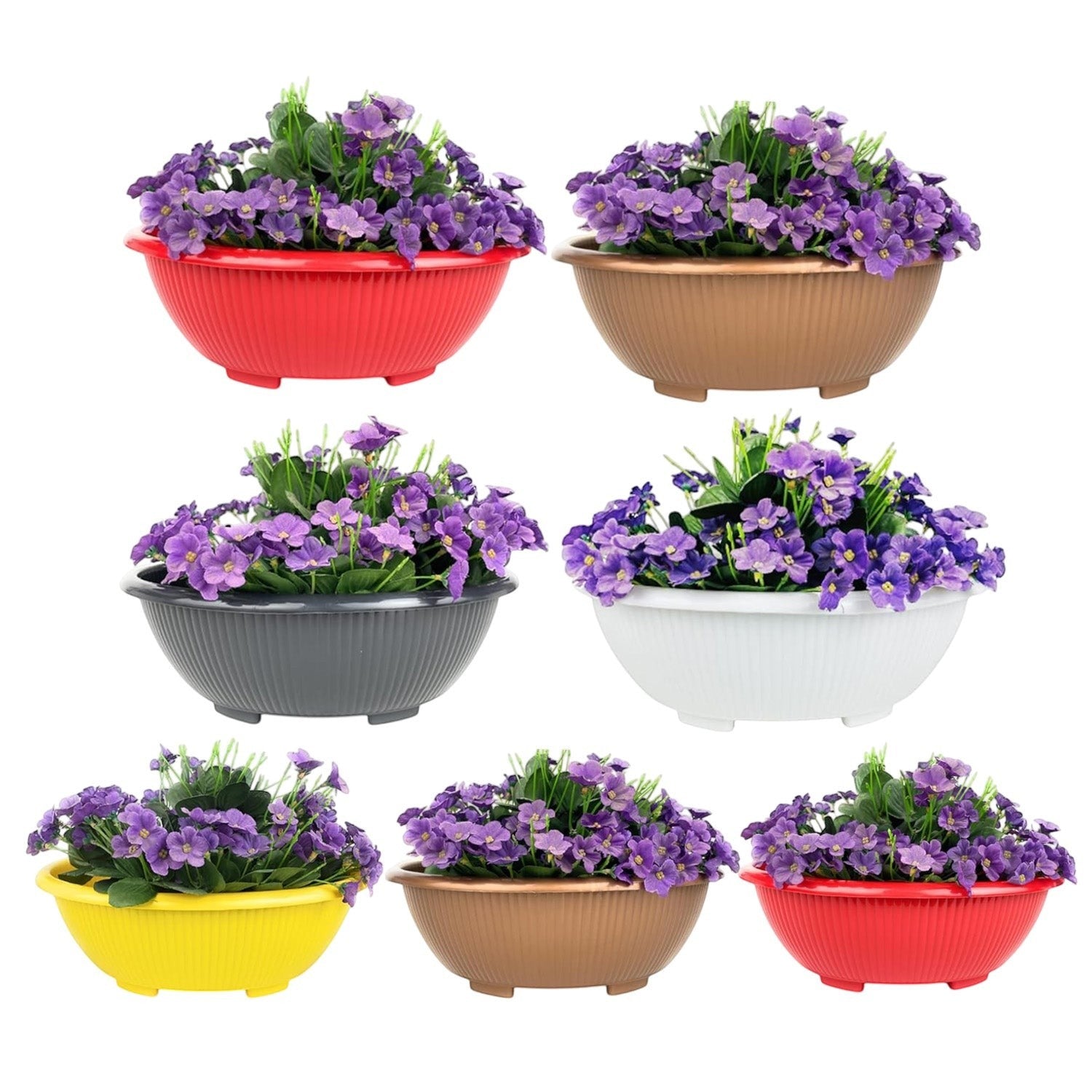 GoHooked set of seven colorful plastic round bonsai planter pots with purple flowers for indoor and outdoor decor