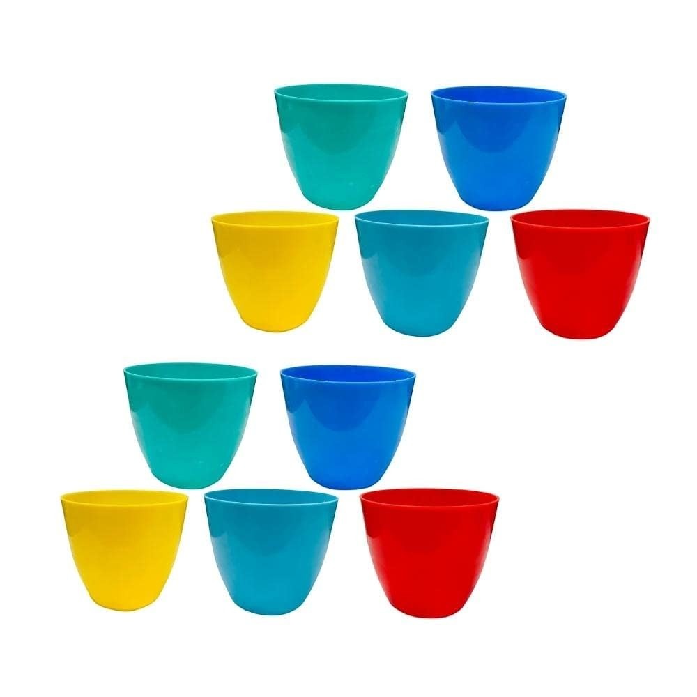 GoHooked 10-piece set of small, round, multicolor plastic flower pots for home decoration. Includes teal, blue, yellow, and red pots.