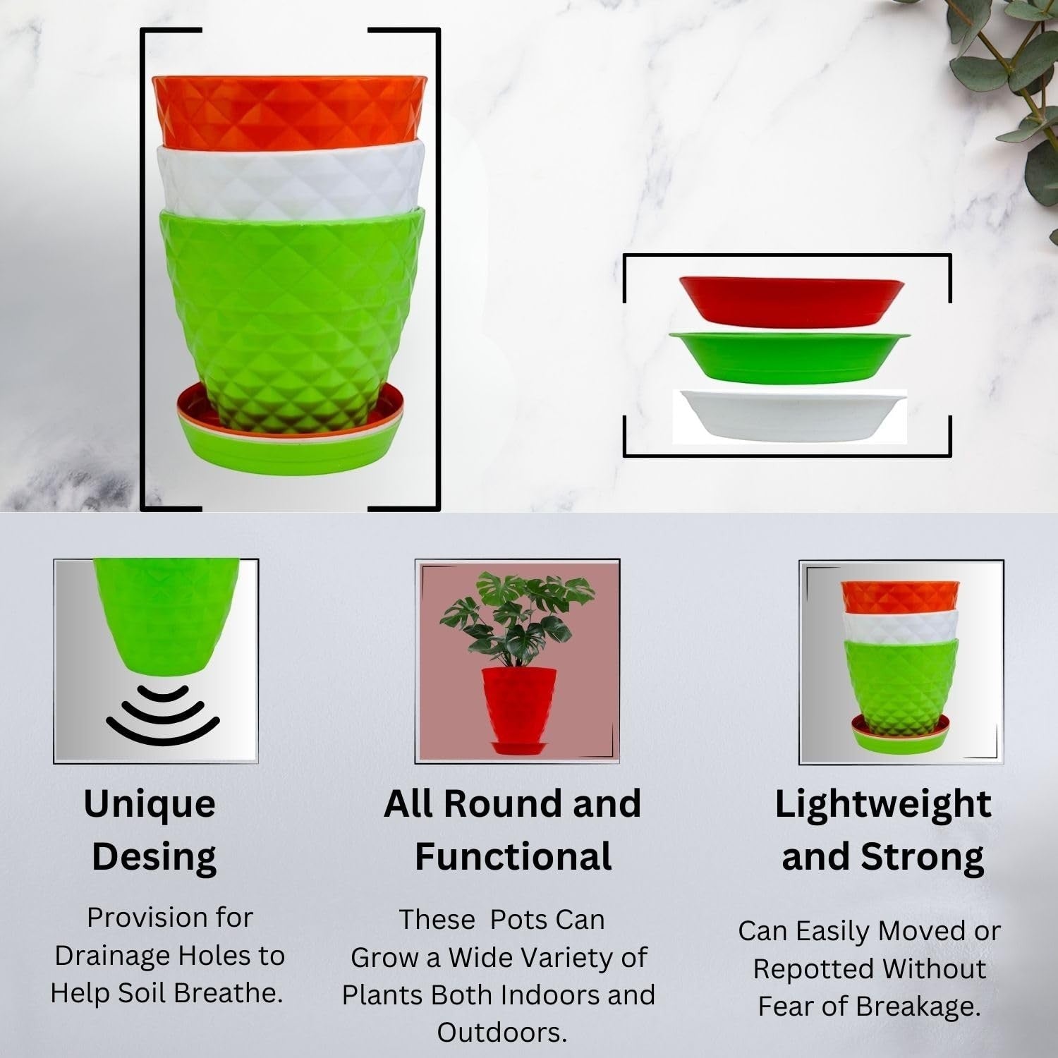 GoHooked multicolor diamond-patterned plastic flower pots with matching drip trays, ideal for indoor and outdoor plants.