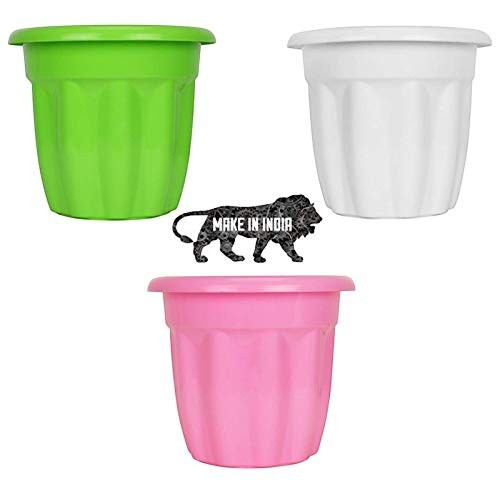 GoHooked set of three colorful plastic garden planters in green, white, and pink for home and balcony decor.