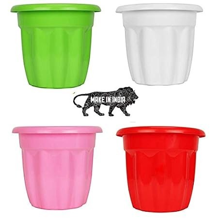 GoHooked set of four colorful plastic garden planters in green, white, pink, and red for home and balcony decor.