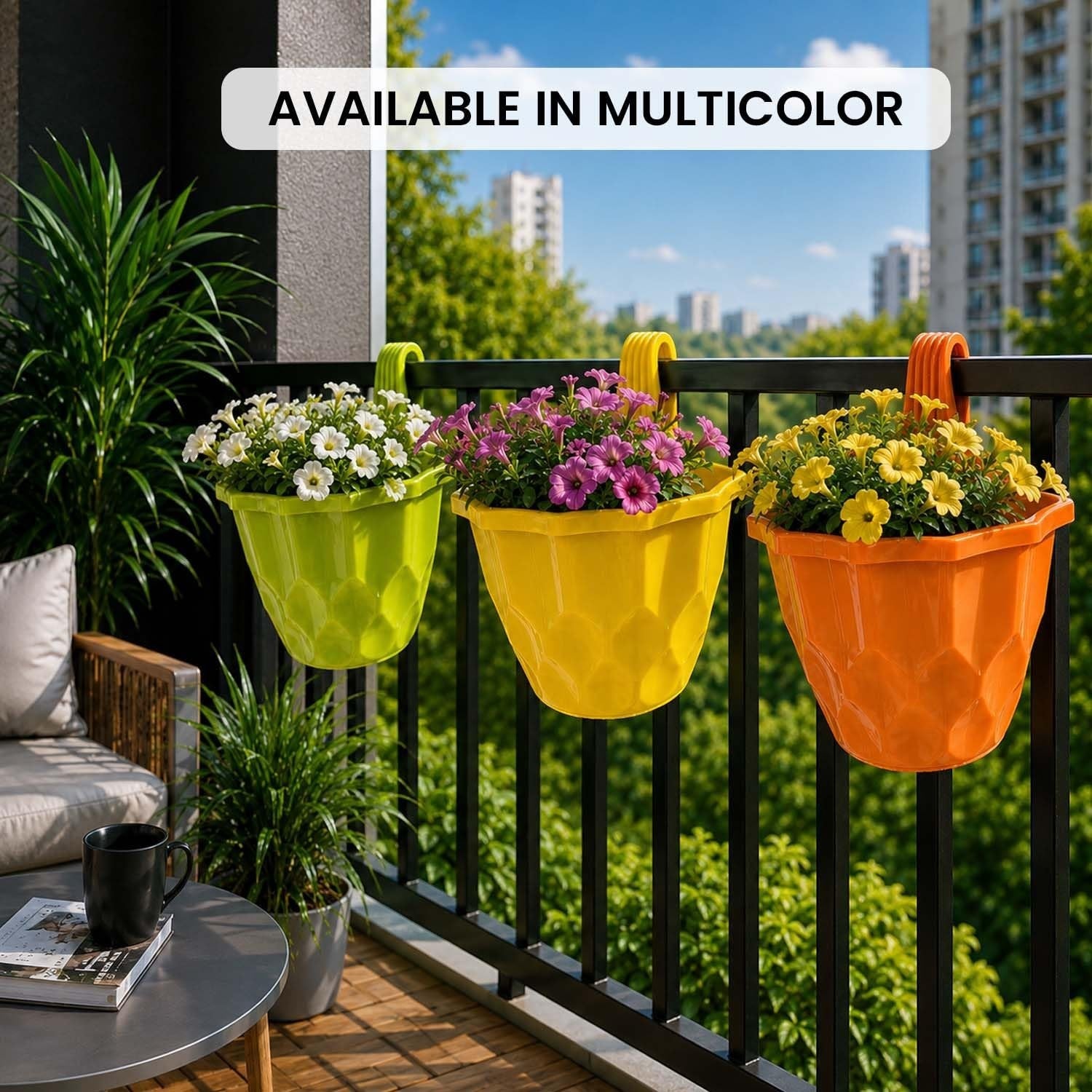 GoHooked multicolor plastic hanging planter pots with geometric texture displayed on a balcony railing with flowers