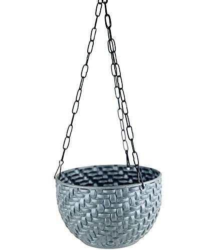 GoHooked multicolor round plastic hanging planter with woven rattan look and black chain. Ideal for indoor/outdoor use.