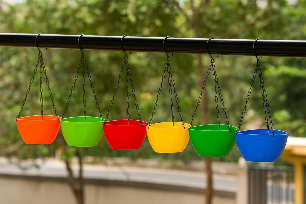 GoHooked multicolor plastic hanging planters with chains, 8.5-inch diameter, 3mm thick, rust-resistant, 6-piece set.